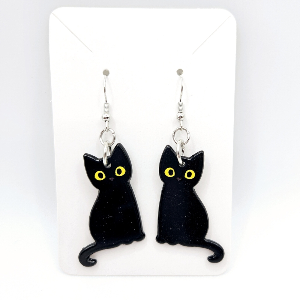 Black Cat Kitty Earrings Yellow Eyes Halloween Spooky Acrylic Dangle Earrings